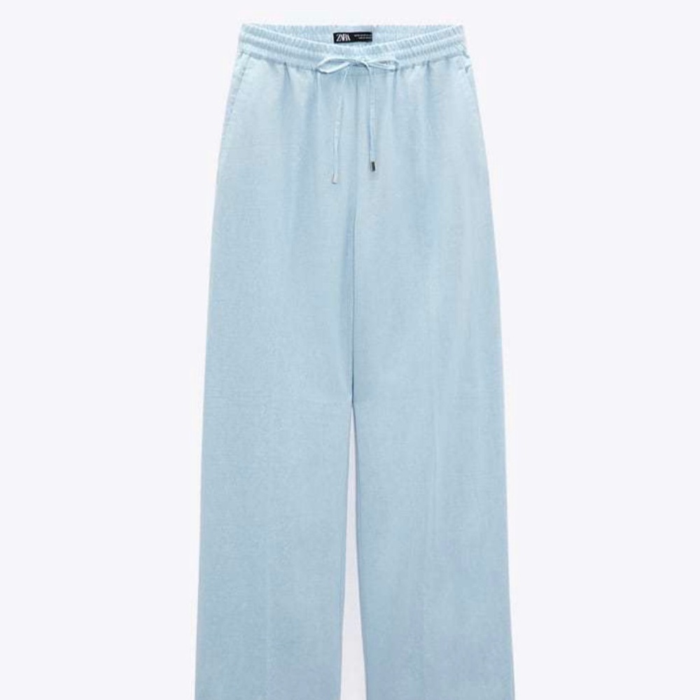 SOLD OUT!! ZARA LINEN BLEND WIDE LEG PANTS LIGHT BLUE XL 🩵